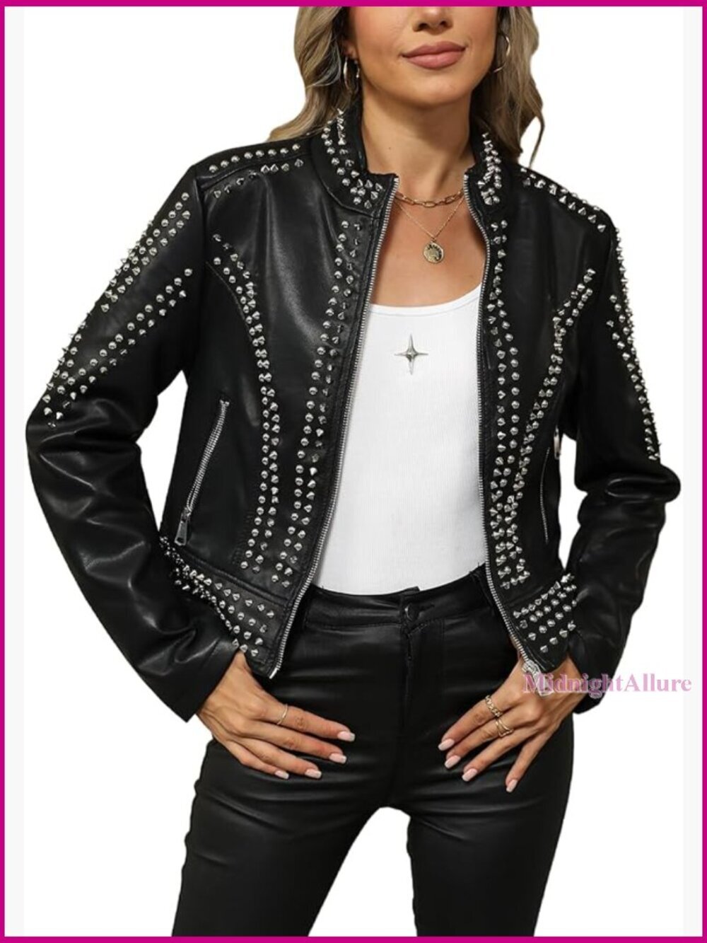 Faux Leather Moto Jacket Studded Rivet Short Biker Coat Women's Fitted